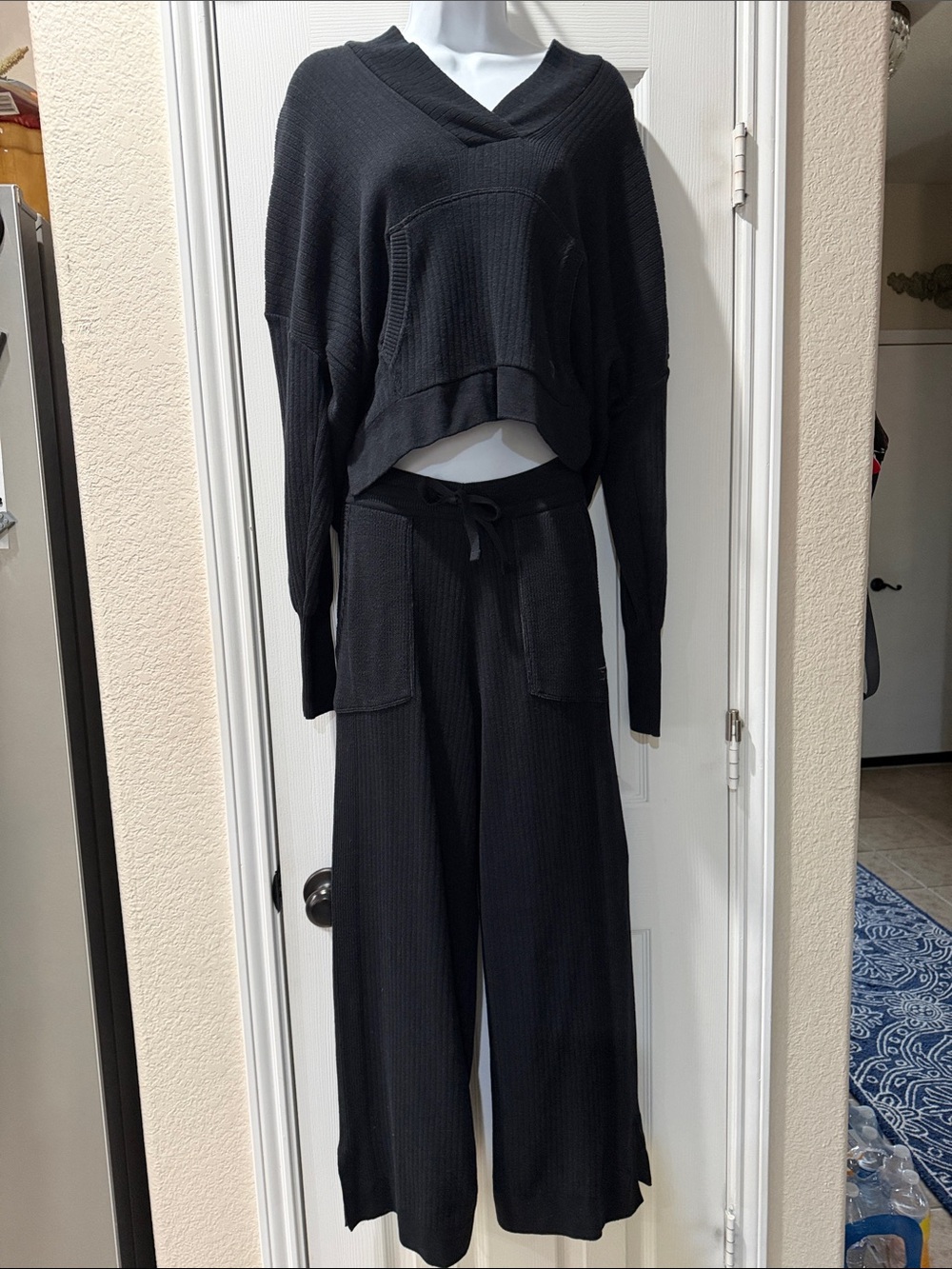 Gymshark Women's Black Ribbed Knit Wide-Leg Pants and hoodie set